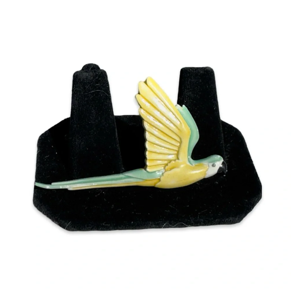 Colorful Parrot Bird Figurine Brooch Pin Yellow/Mint Green 2”